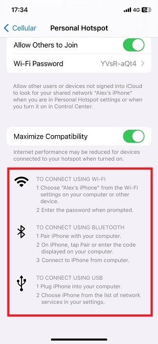 Hotspot connection options for iOS.