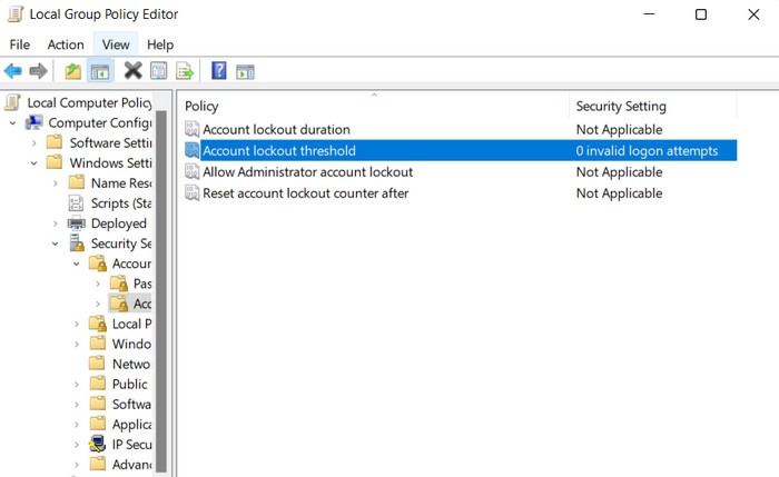 Double-clicking "Account lockout threshold" policy in Group Policy Editor.