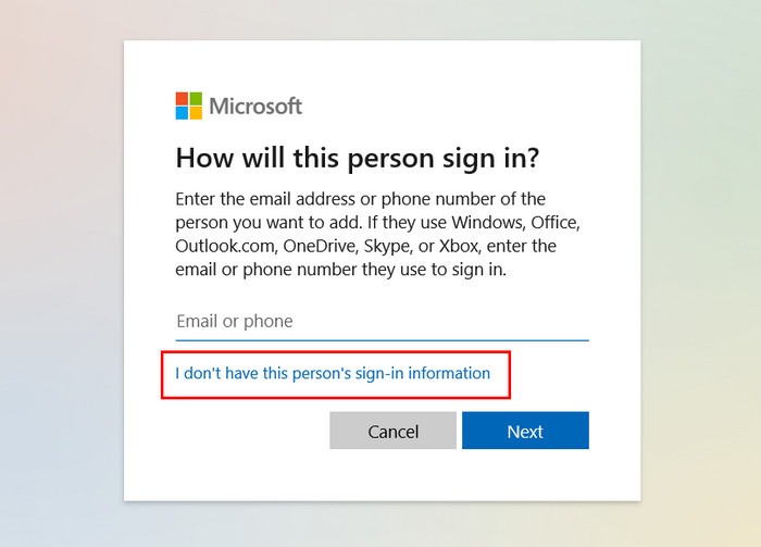 Clicking on "I don't have this person's sign-in information" option in new pop-up.