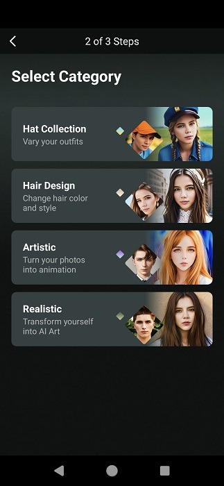 AI avatar creation process started in PhotoDirector app for Android.