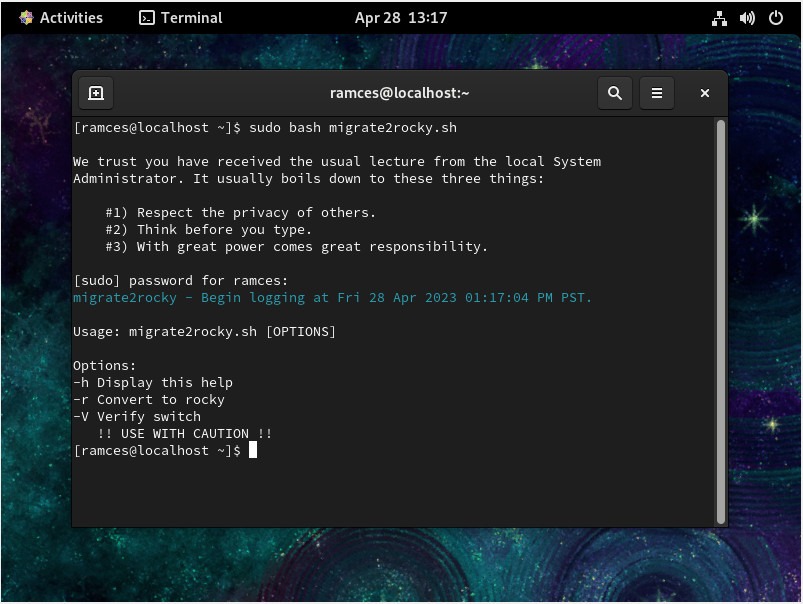 A screenshot of the Rocky Linux migration script.