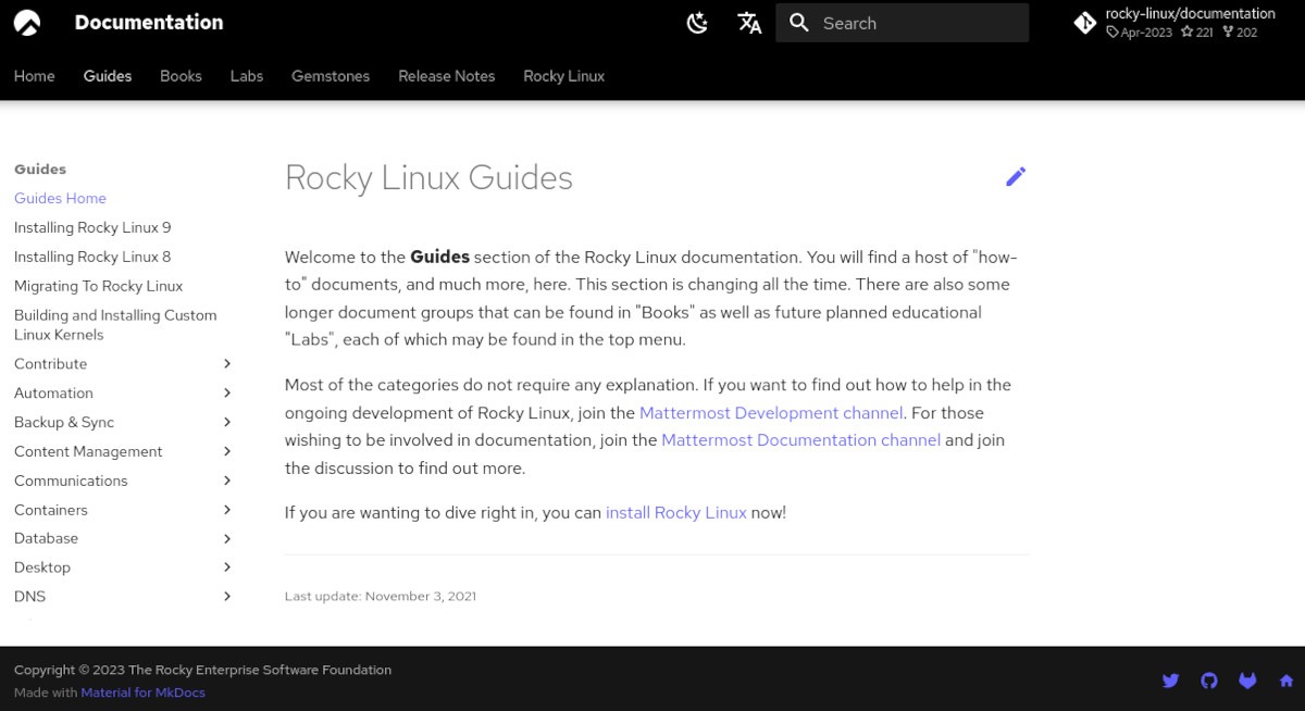 A screenshot of the Rocky Linux documentation page.