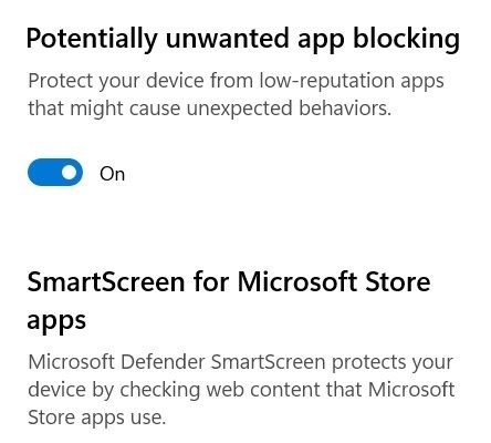 The "Potentially unwanted app blocking" toggle in the Windows Security app