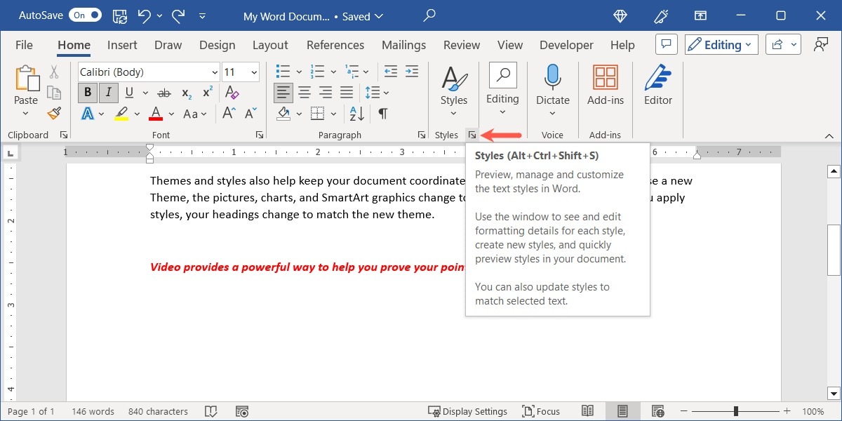 Arrow for the Styles launcher in Word