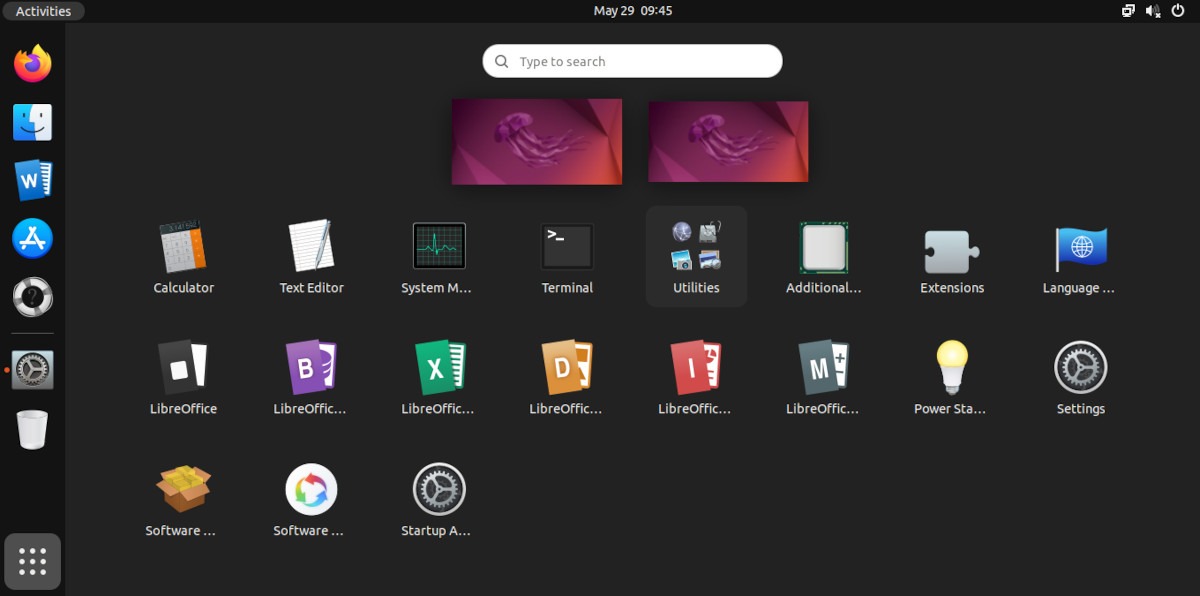 A screenshot of the Ubuntu menu screen with the Mojave-CT icon theme.