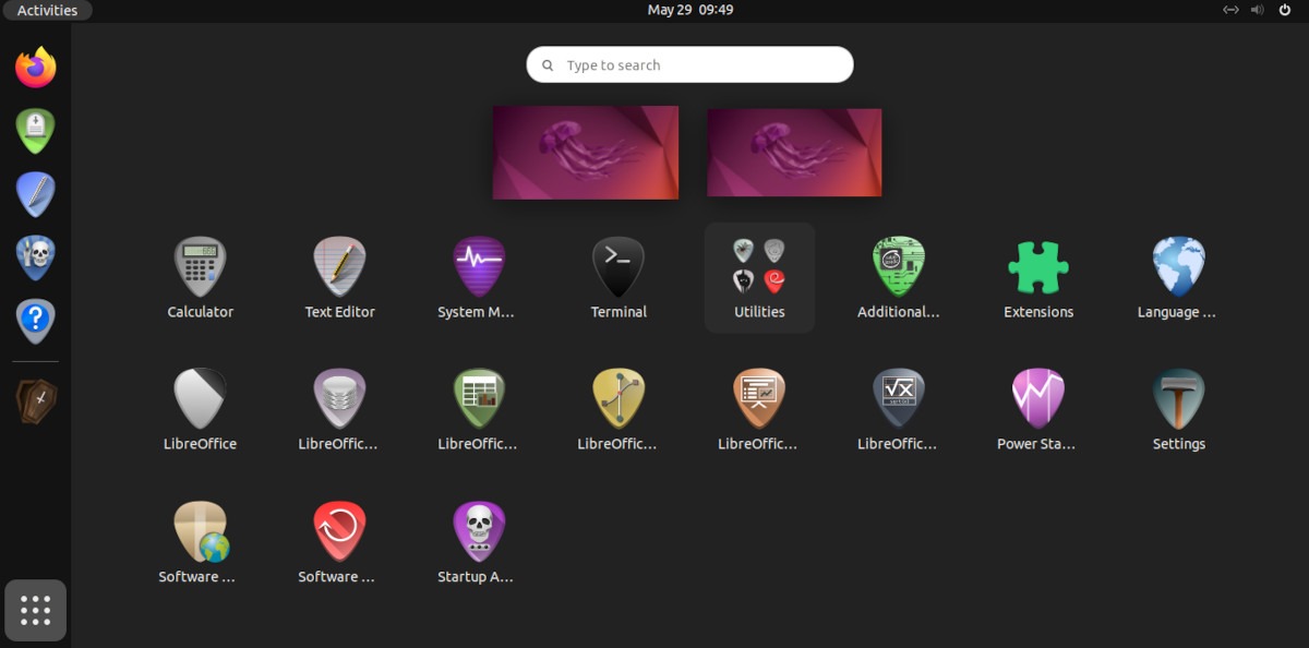 A screenshot of the Ubuntu menu screen with the Dominus Funeral icon theme.