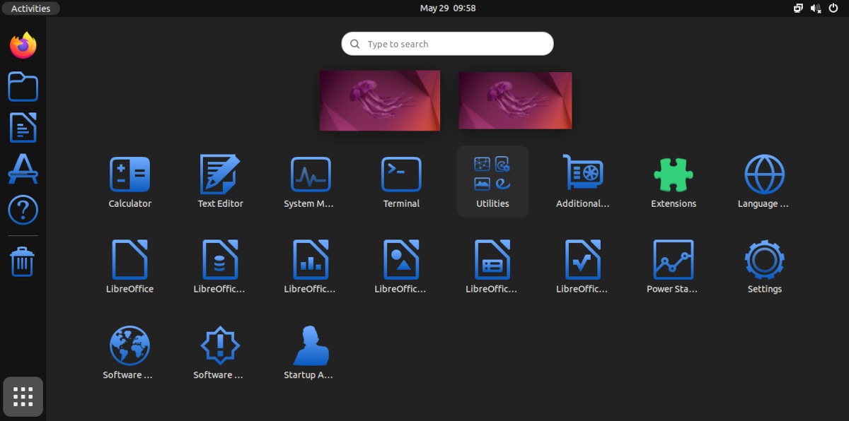 A screenshot of the Ubuntu menu screen with the Arc Darkest icon theme.