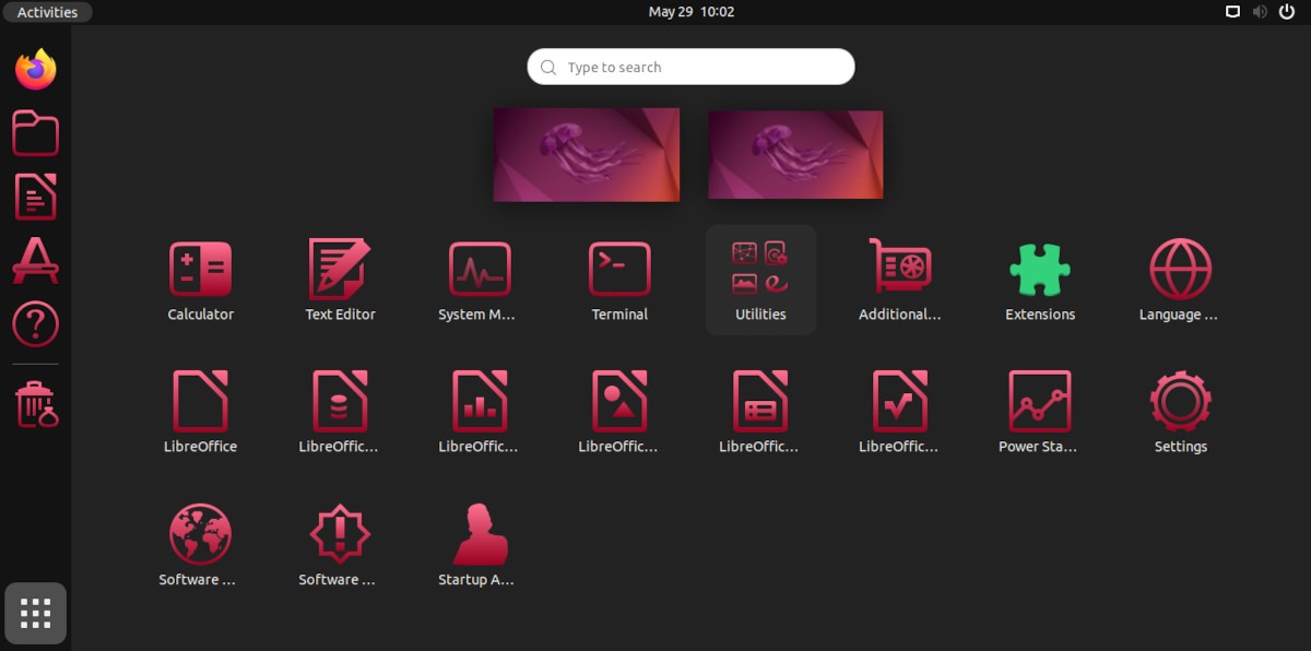 A screenshot of the Ubuntu menu screen with the Arc Darkest COLORS icon theme.
