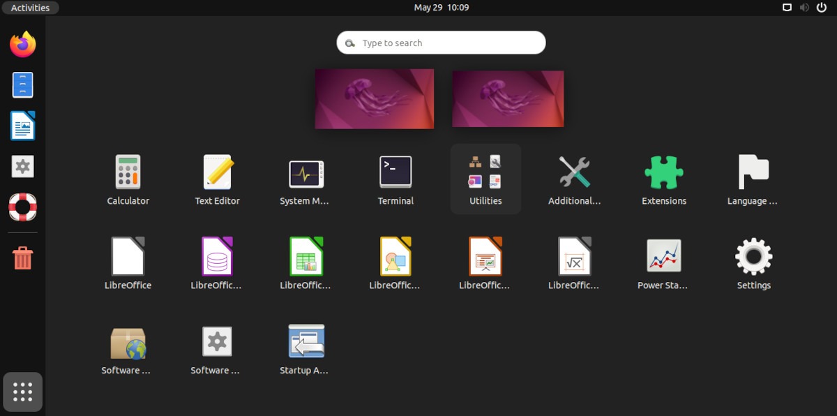 A screenshot of the Ubuntu menu screen with the Numix icon theme.