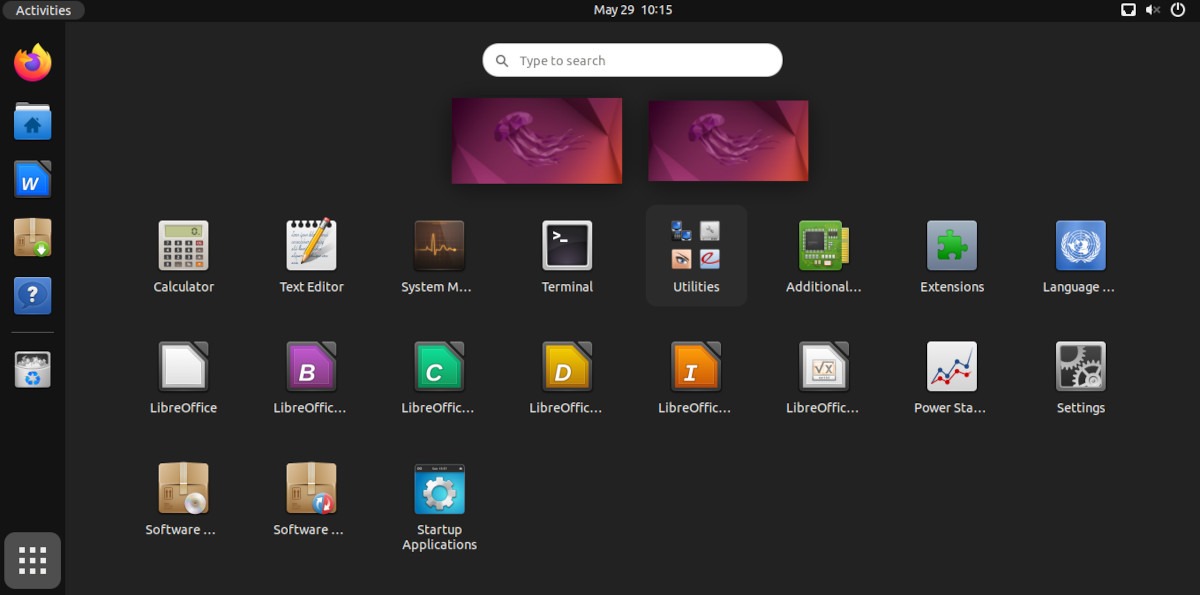 A screenshot of the Ubuntu menu screen with the Obsidian icon theme.