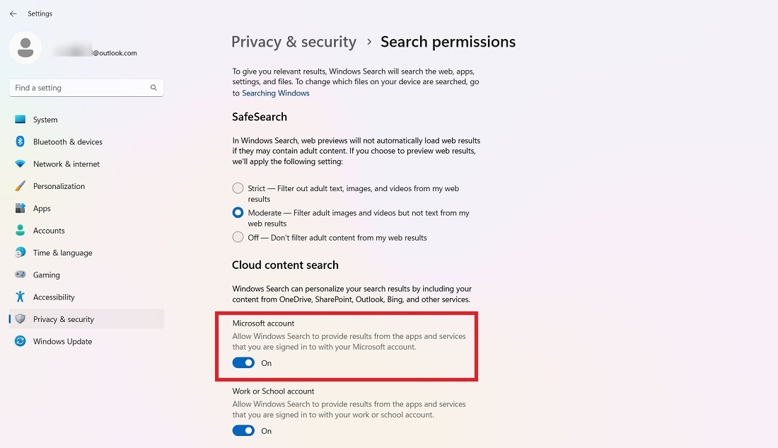 Cloud content search on in Windows 11's search permissions. 