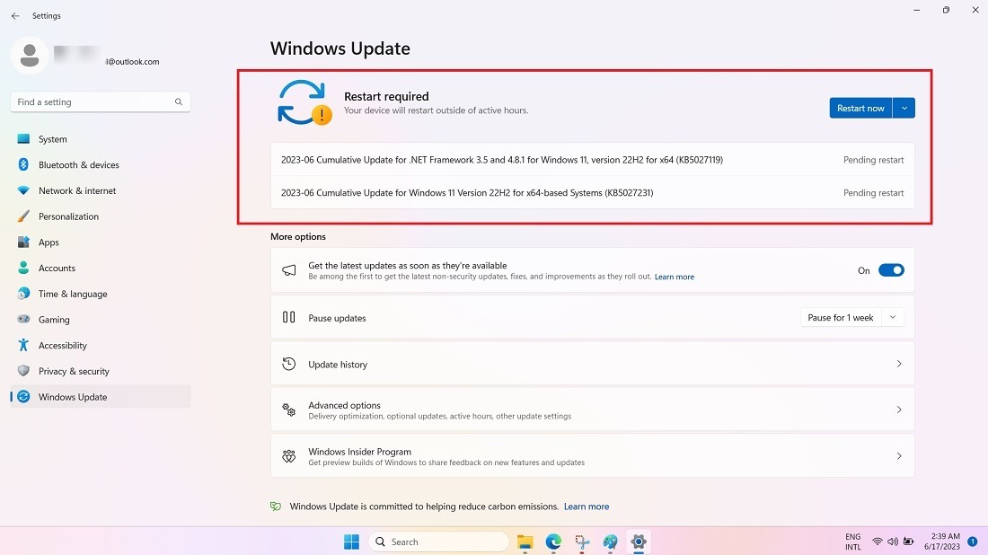 Latest Windows 11 update installed on device pending restart. 