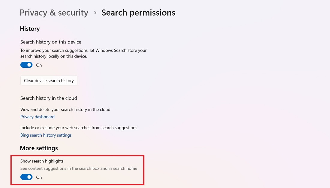 Show search highlights in Windows 11 search permissions. 