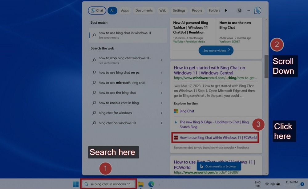 The key steps of using Bing Chat using Windows 11 taskbar search icon. 