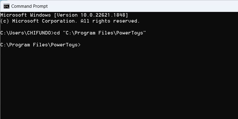 Changing the Command Prompt directory to PowerToys on Windows.