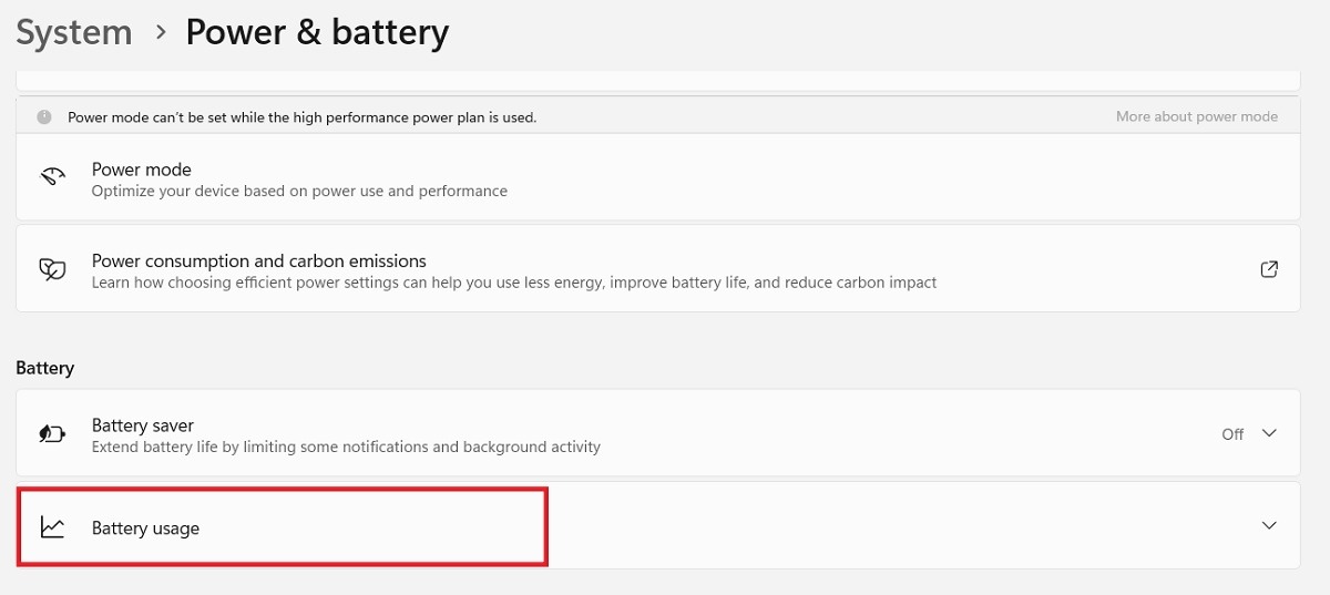 Clicking on "Battery usage" under "Power & battery" in Settings.