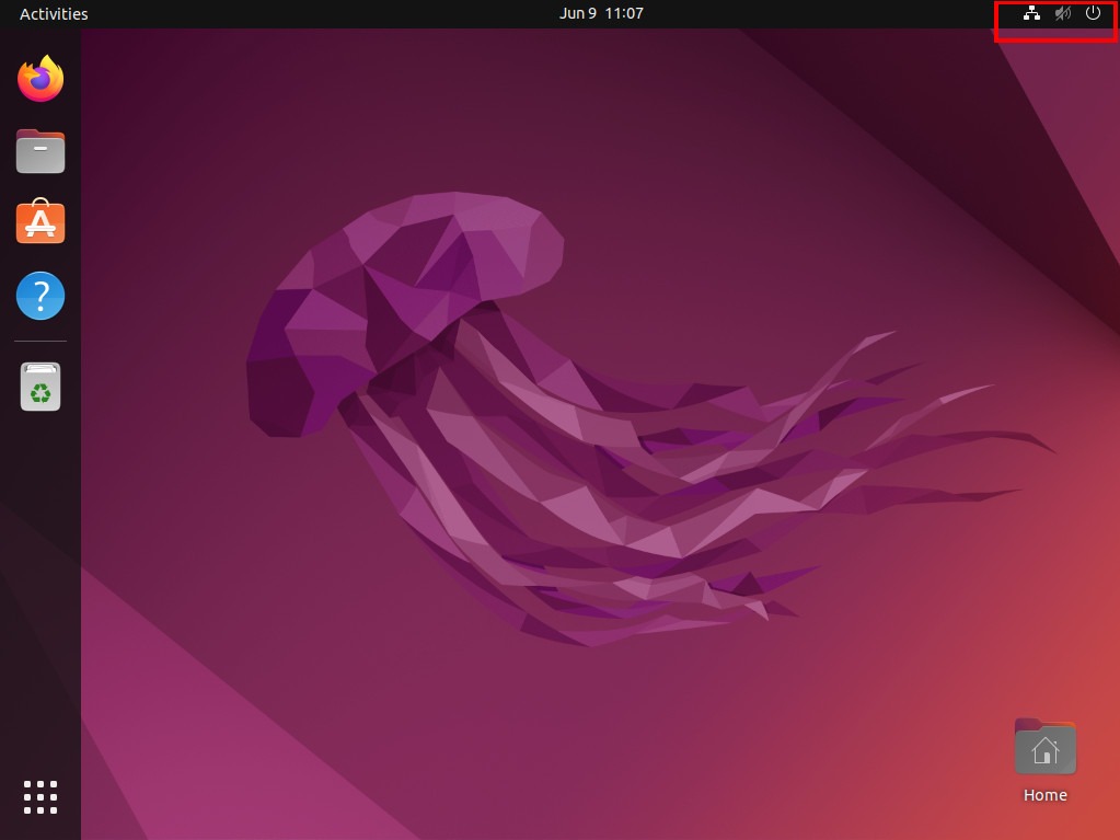 A screenshot of the Ubuntu desktop with a highlight on the power tray.