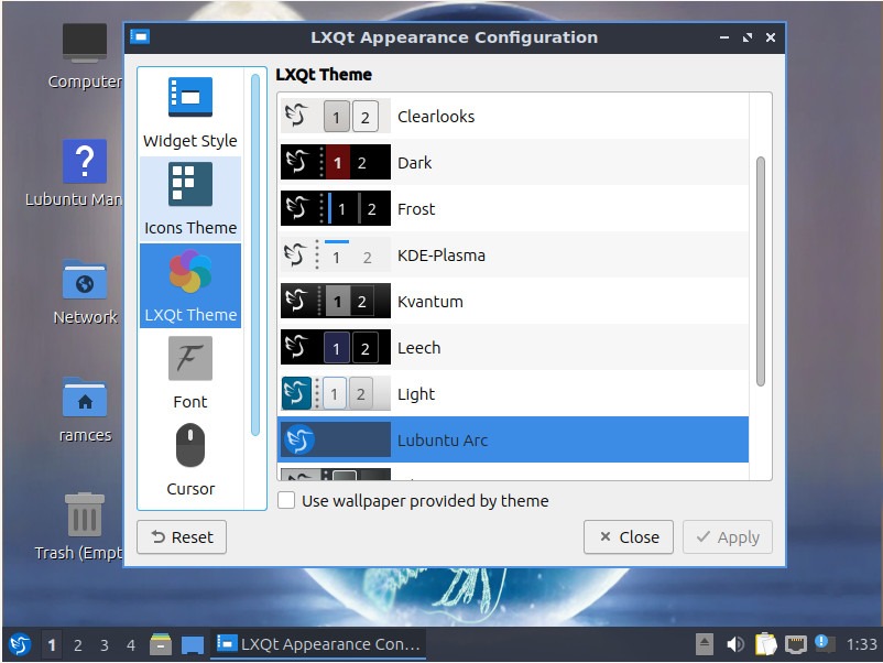 A screenshot showing the different themes available for LXQt.