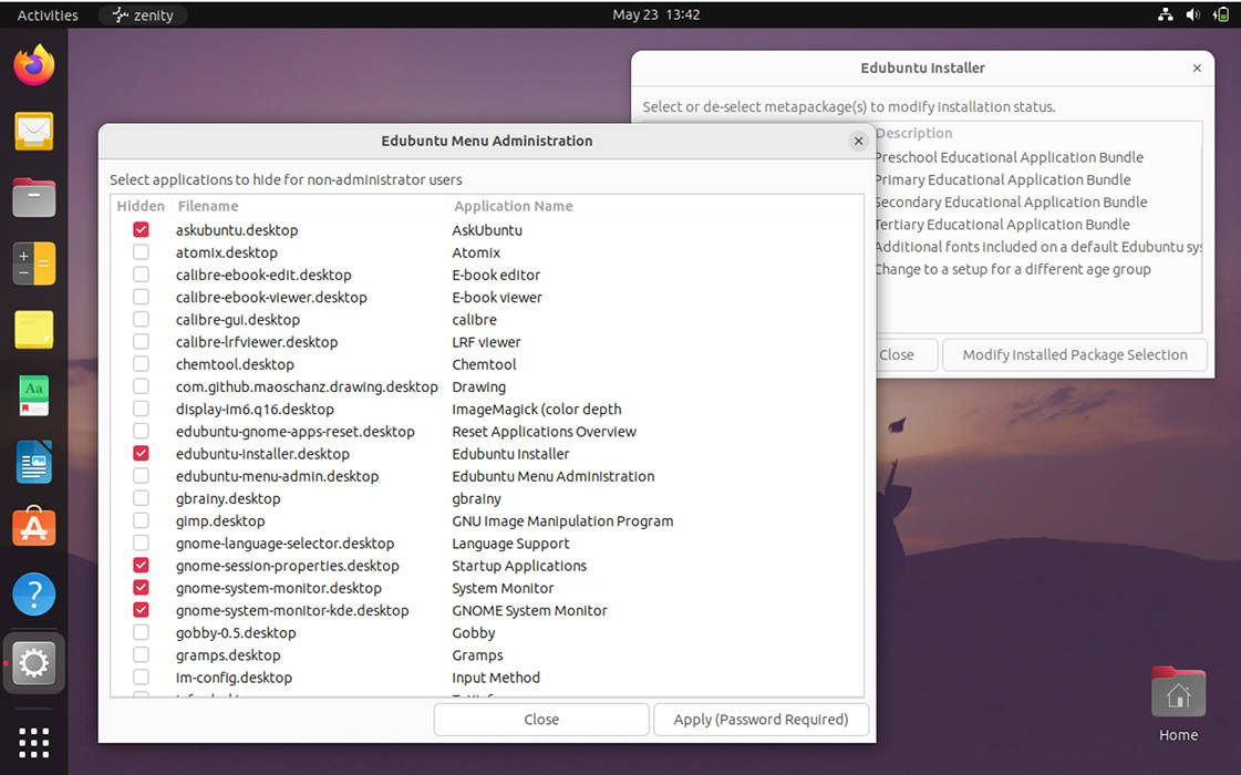 A screenshot showing the various management programs in Edubuntu.