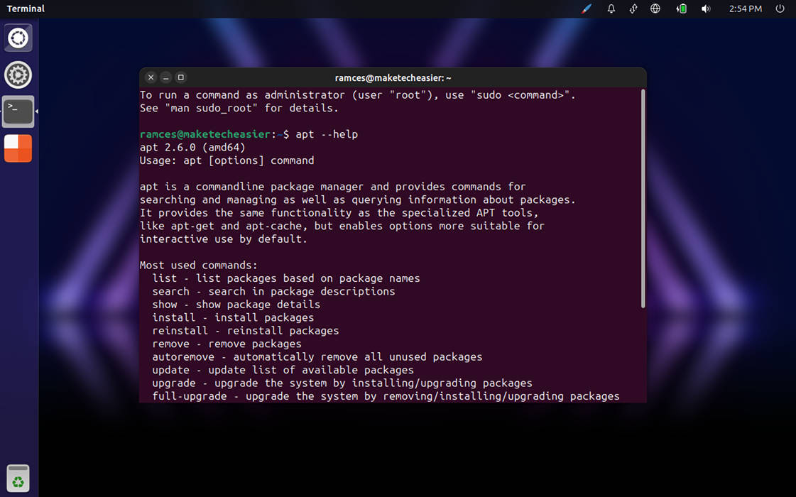 A screenshot showing the apt program running in Ubuntu Unity.