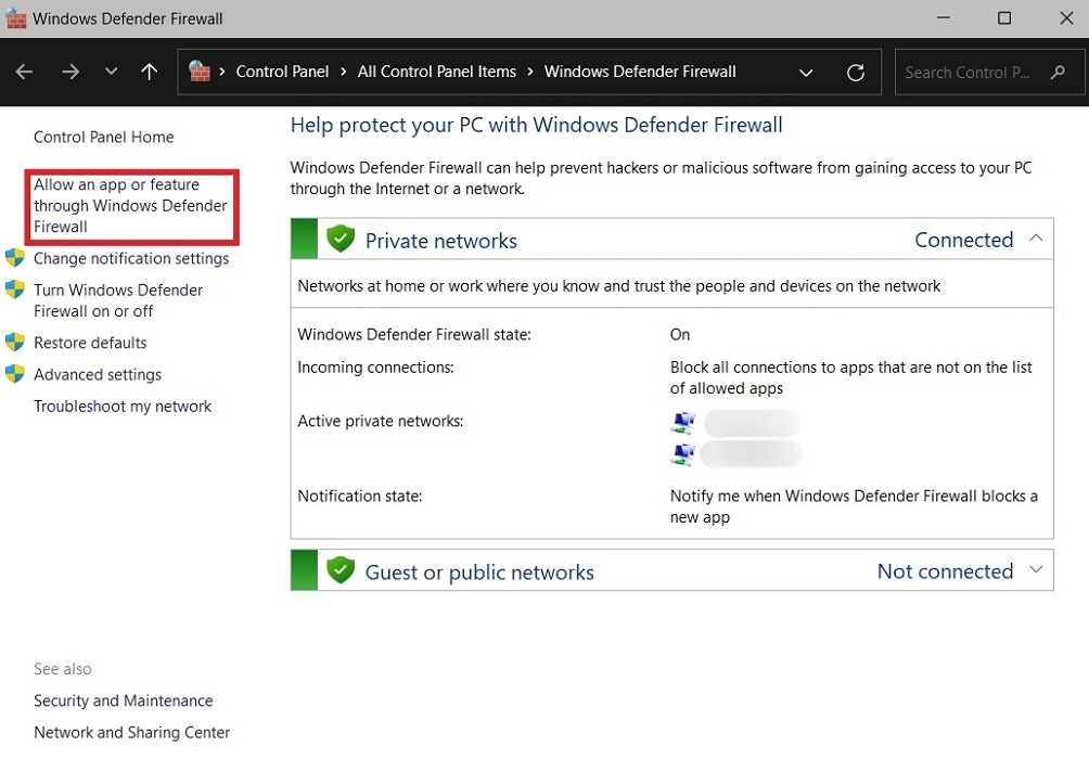 Clicking on "Allow an app or feature through Windows Defender Firewall" option in Windows Defender Firewall. 