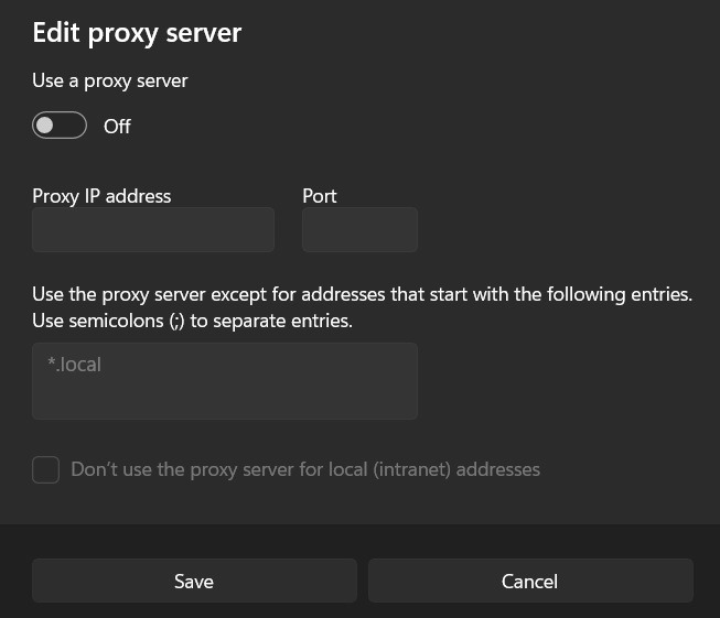 "Edit proxy server" screen on Windows.