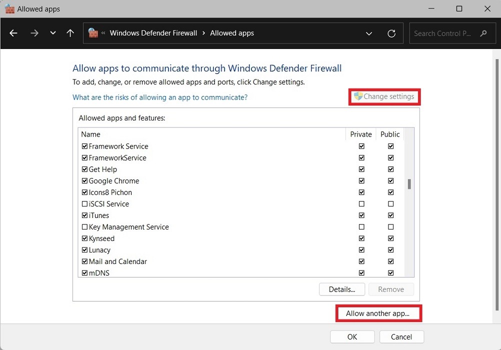 Clicking on "Change settings" to add new app to Windows Defender Firewall. 