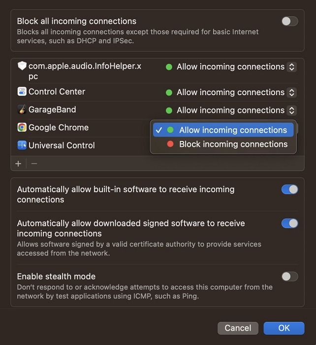 Changing Google Chrome status in "Firewall" on Mac. 