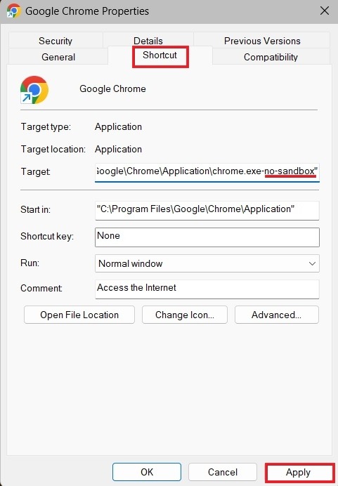 Adding "no-sandbox" flag in Chrome properties.