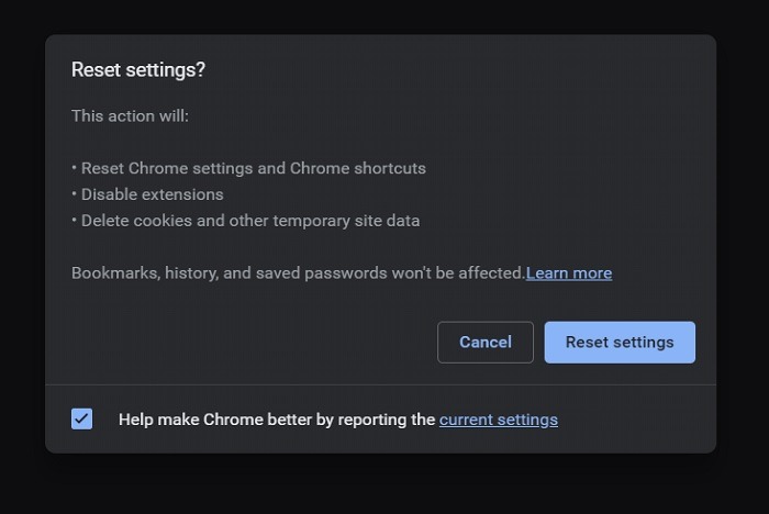 Clicking "Reset settings" button in pop-up that appears.
