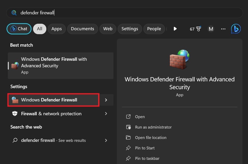 Typing "Defender Firewall" in Search. 