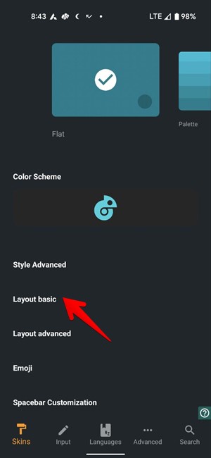 Clicking on "Layout basic" option from the "Skins" tab in Chrooma Keyboard. 