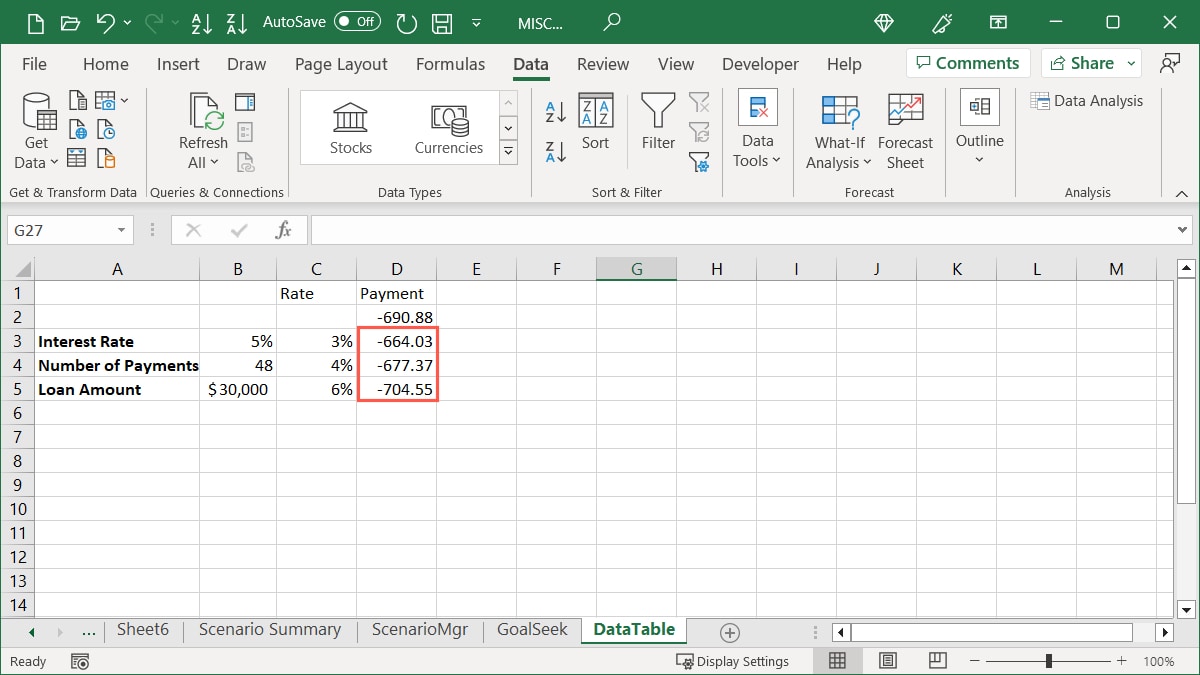 Completed Data Table in Excel