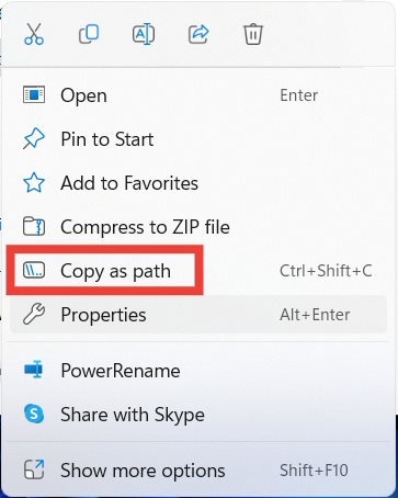 The Content Menu on Windows with the "Copy as path" option highlighted