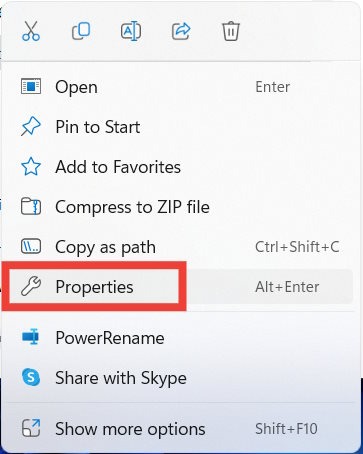 Context Menu on Windows with the "Properties" option highlighted.