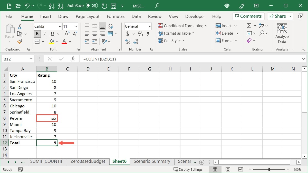 Count function with text in Excel