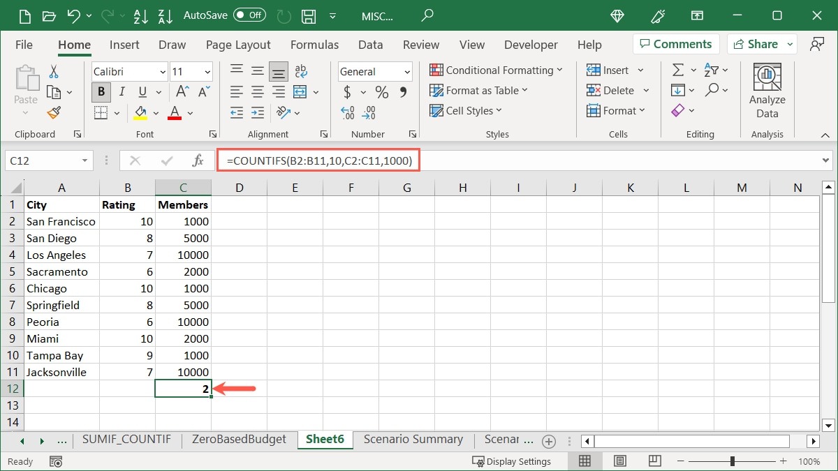 COUNTIFS function using values in Excel