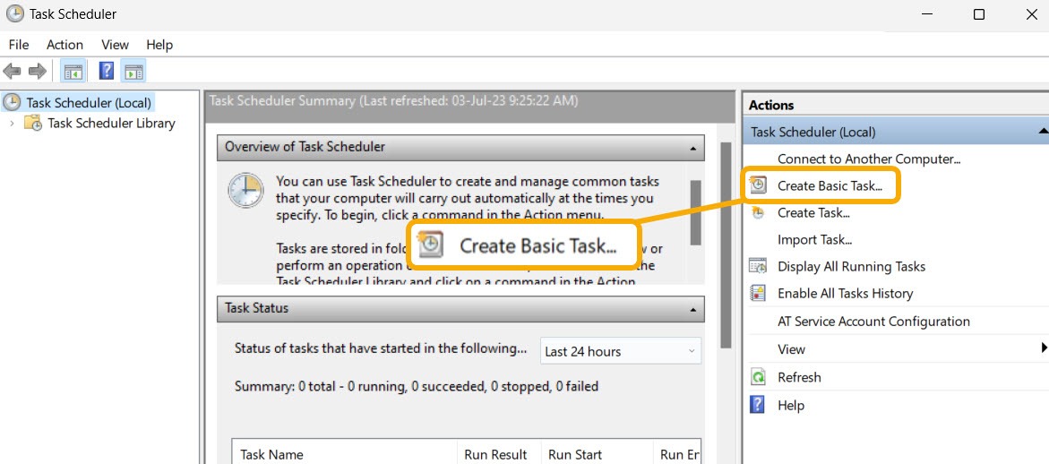 Clicking on "Create Basic Task" in Task Scheduler.