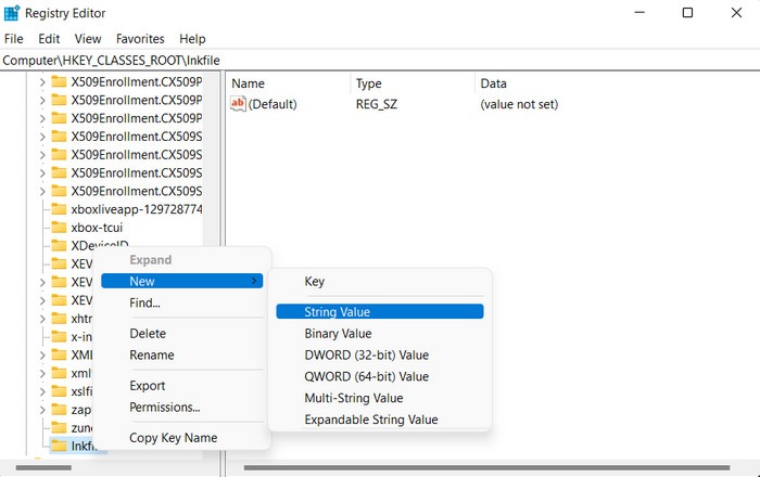 Right-clicking on empty space in Registry Editor to create a new string value. 