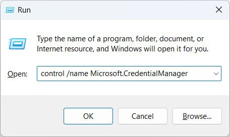 Opening the Credentials Manager with Windows Run.