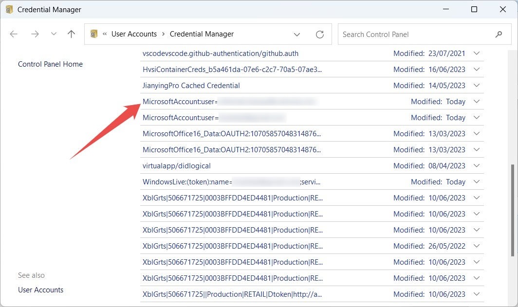 Clicking on "MicrosoftAccount:user=" entry in Credential Manager.