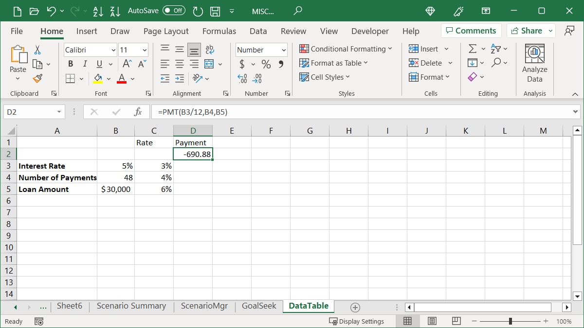 Data for a Data Table in Excel