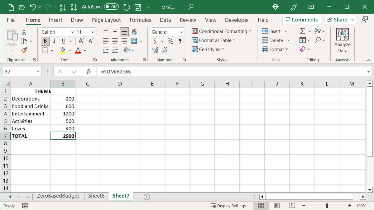 Data for a Scenario in Excel