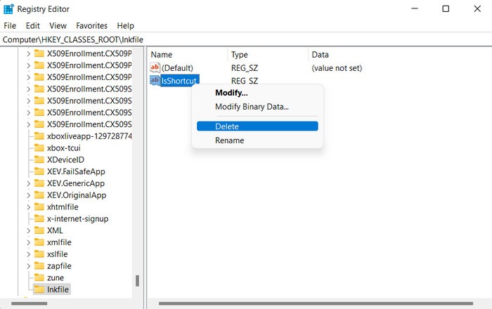 Deleting "IsShortcut" key from Registry Editor. 