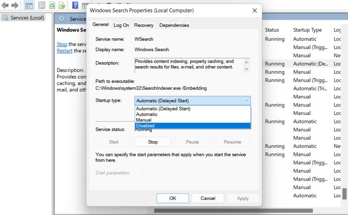Disable Search service in the Windows Services utility.
