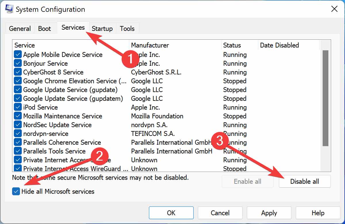 Disabling All Startup Services