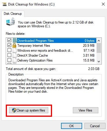 Clicking "Clean up system files" option in Disk Cleanup. 