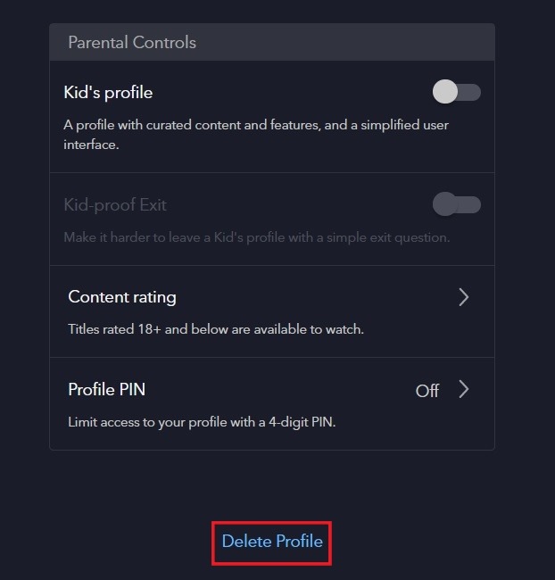 "Delete profile" button in Disney Plus on the Web.