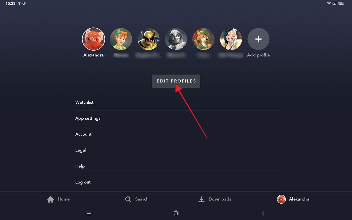 Pressing on the "Edit Profiles" button in Disney Plus app for Android. 