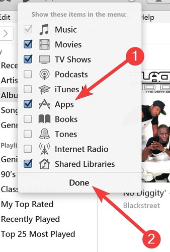 Tick "Apps" in "Show these items in the menu" box in iTunes for Windows.